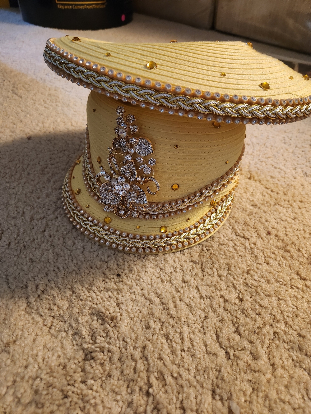 Donna Vinci Couture Yellow Gold Rhinestone Floral Church Hat Wide Brim